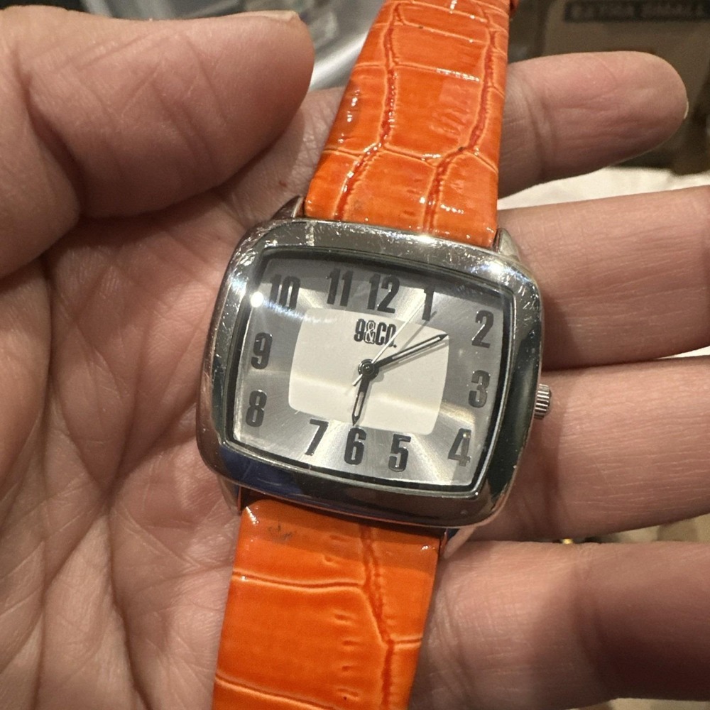 Working‎ 9&Co Ladies Quartz Watch 36mm Rectangle Silver Tone Orange Leather Band